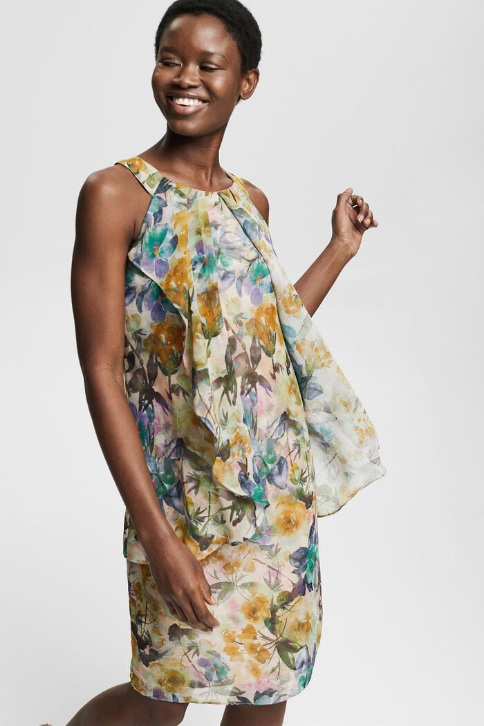 Z recyklovaného materiálu: šifonové šaty s květovaným vzorem, OFF WHITE, overview
