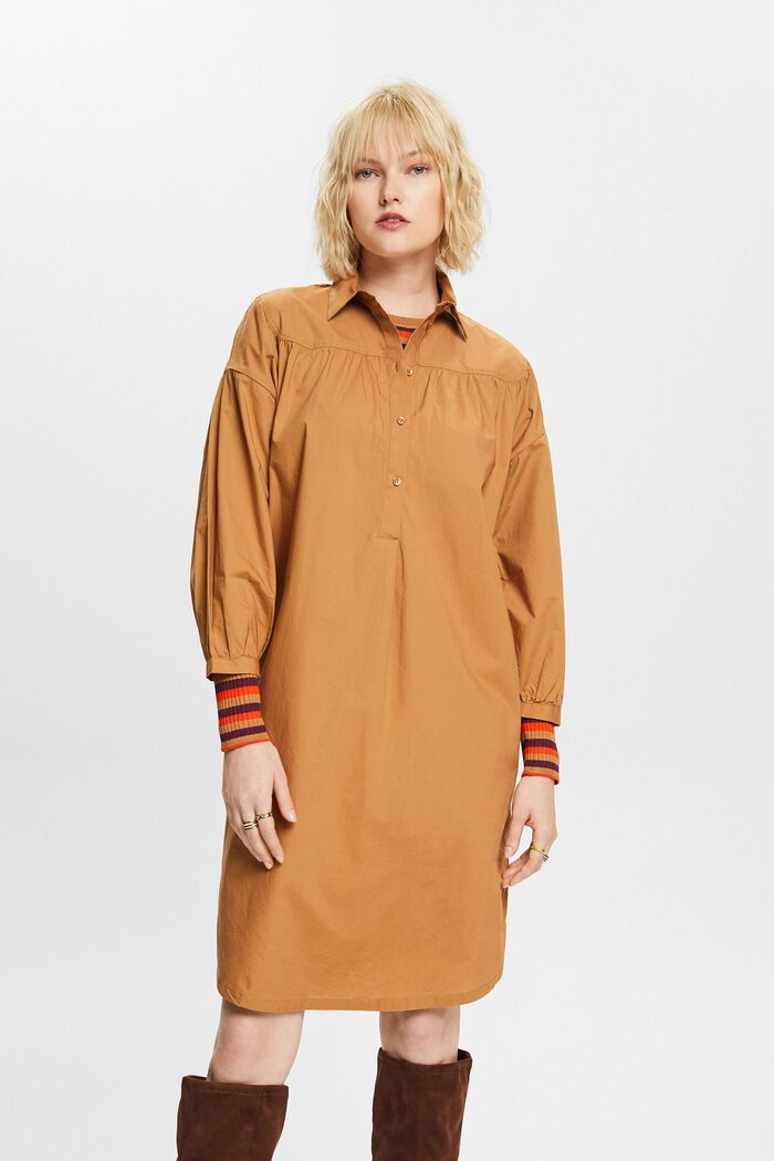 Košilové šaty s vázačkou, 100 % bavlna, CARAMEL, detail image number 0