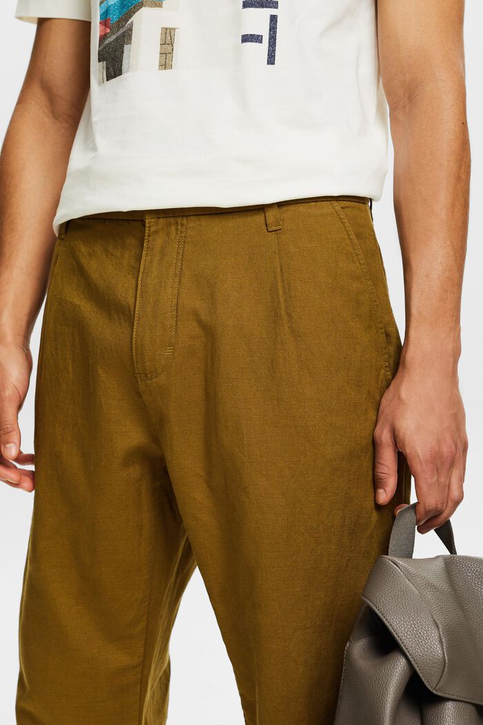 Rovné kalhoty ze směsi lnu a bavlny, OLIVE, detail image number 4