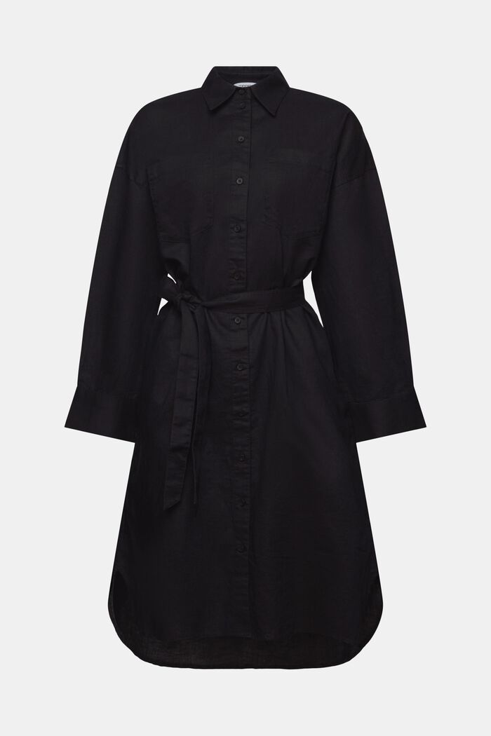 Košilové šaty s opaskem, ze směsi lnu a bavlny, BLACK, detail image number 5