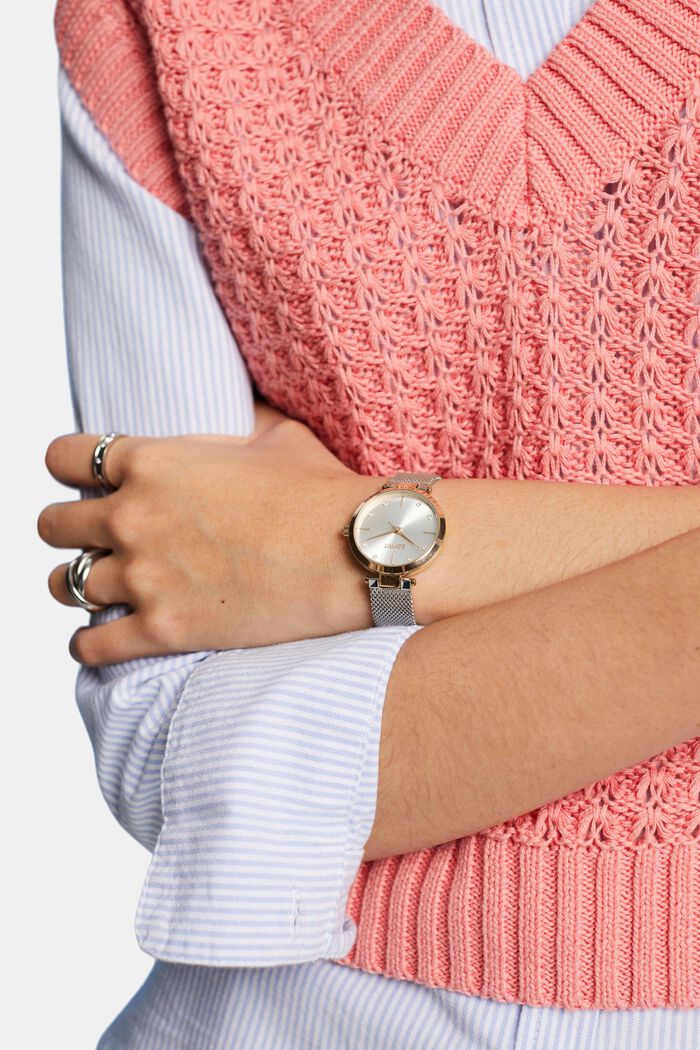 Dvoubarevné náramkové hodinky s páskem ze síťoviny a se zirkony, ROSEGOLD, detail image number 2