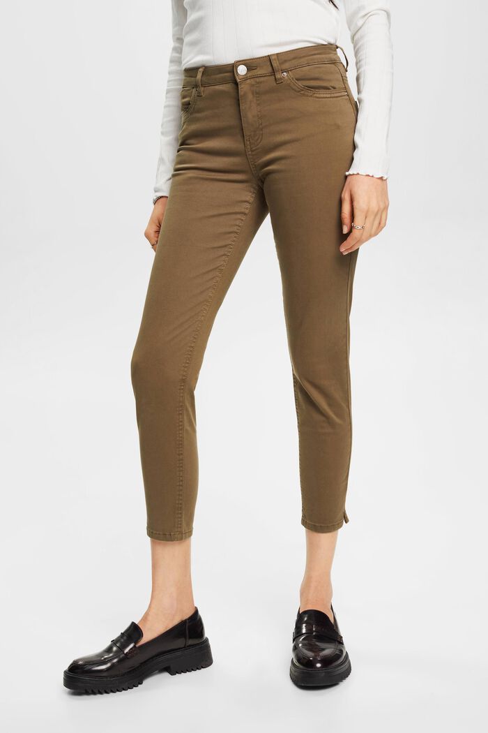 Strečové kalhoty, střední pas, zkrácené nohavice, KHAKI GREEN, detail image number 0