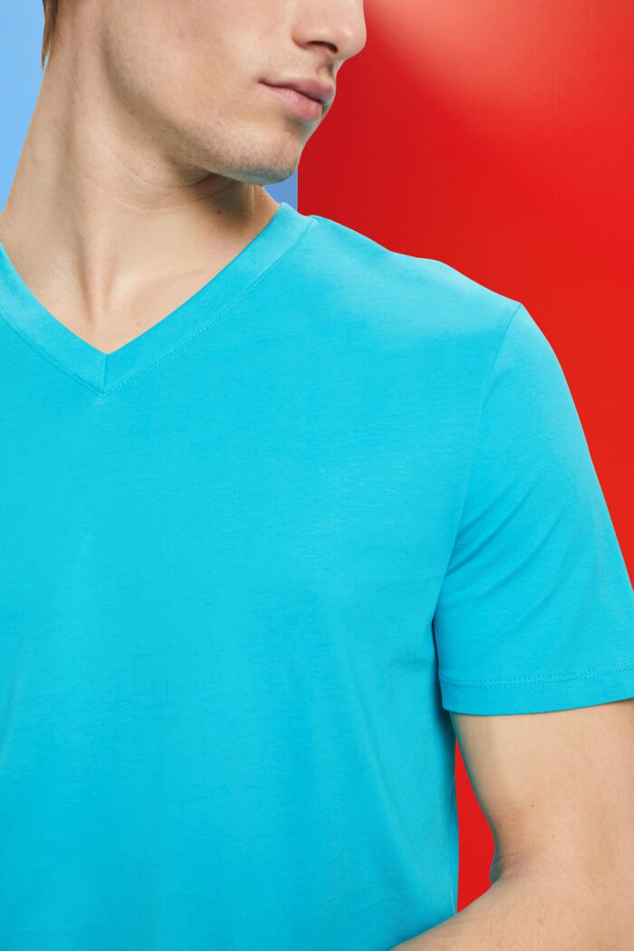 Bavlněné tričko Slim Fit se špičatým výstřihem, AQUA GREEN, detail image number 2