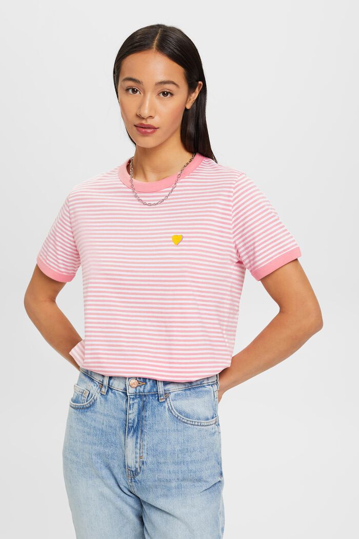 Proužkované bavlněné tričko s vyšitým motivem, PINK, detail image number 0