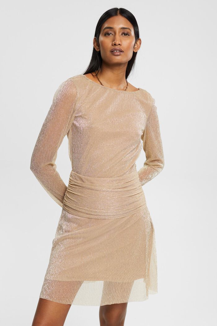 Třpytivé síťované šaty s nařaseným pasem, DUSTY NUDE, detail image number 0