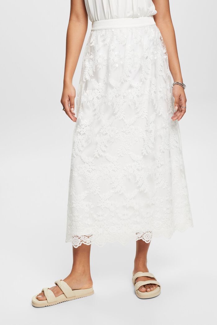 Midi sukně s vyšívanými květy, OFF WHITE, detail image number 0