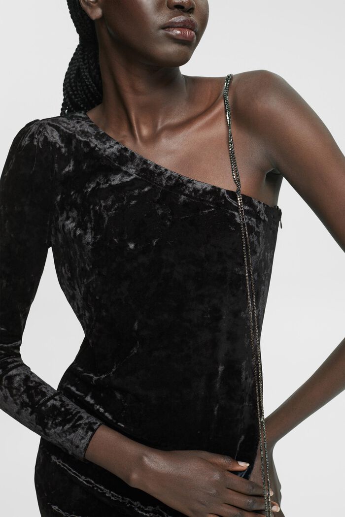 Sametové šaty na jedno rameno s řetízkovým páskem, BLACK, detail image number 2