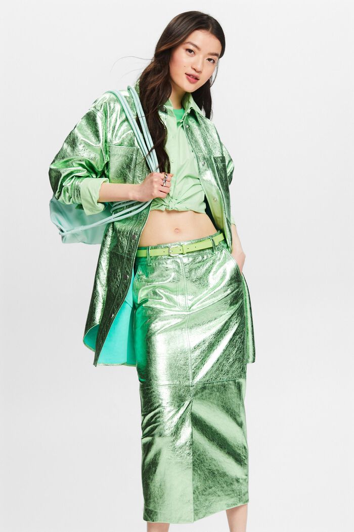 Metalická kožená sukně s povrchovou úpravou, LIGHT AQUA GREEN, detail image number 5