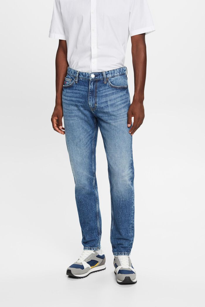 Rovné zužující se džíny se středně vysokým pasem, BLUE MEDIUM WASHED, detail image number 0