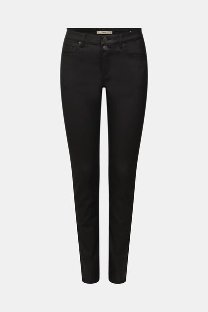 Strečové kalhoty s povrchovou úpravou a dvojitým knoflíkem, BLACK, overview