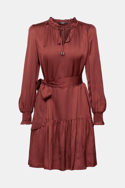 Saténové šaty s nařaseným límcem, LENZING™ ECOVERO™, BORDEAUX RED, overview