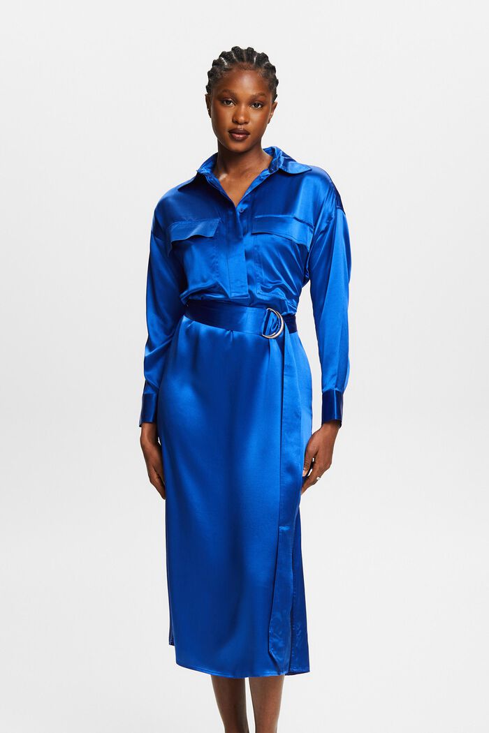 Hedvábné saténové midi šaty s opaskem, BRIGHT BLUE, detail image number 0