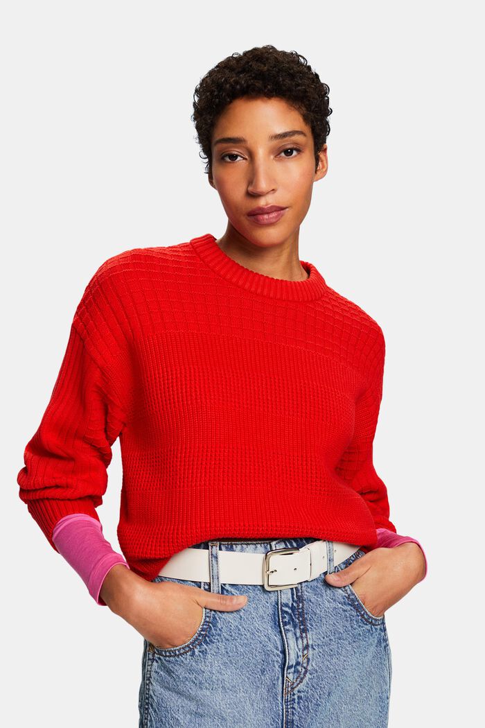 Strukturovaný pulovr s kulatým výstřihem, RED, detail image number 0