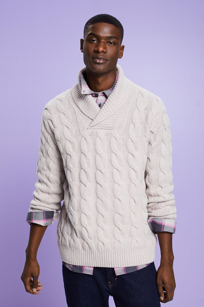 Šálový pulovr z vlněné copánkové pleteniny, LIGHT TAUPE, detail image number 0