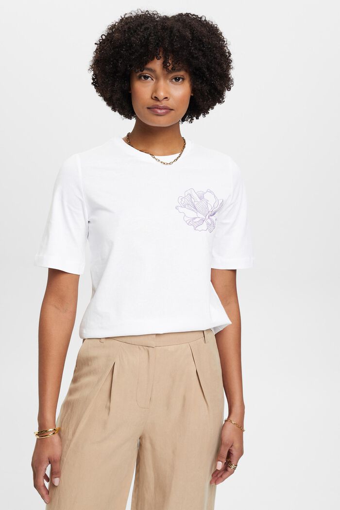 Bavlněné tričko s vyšitou květinou, OFF WHITE, detail image number 0