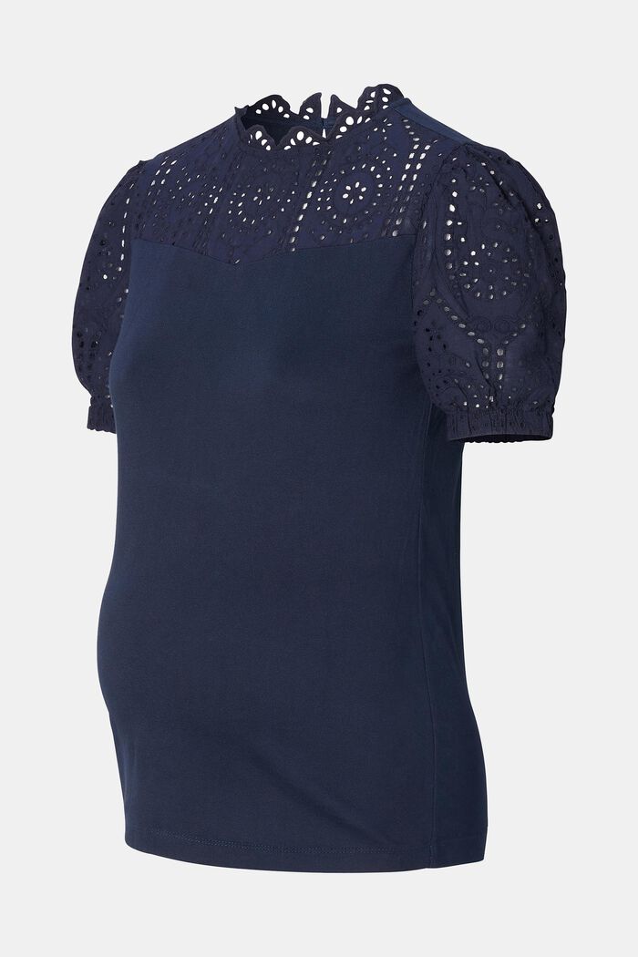 Bavlněné tričko s detaily v podobě dírkované krajky, NIGHT SKY BLUE, detail image number 4