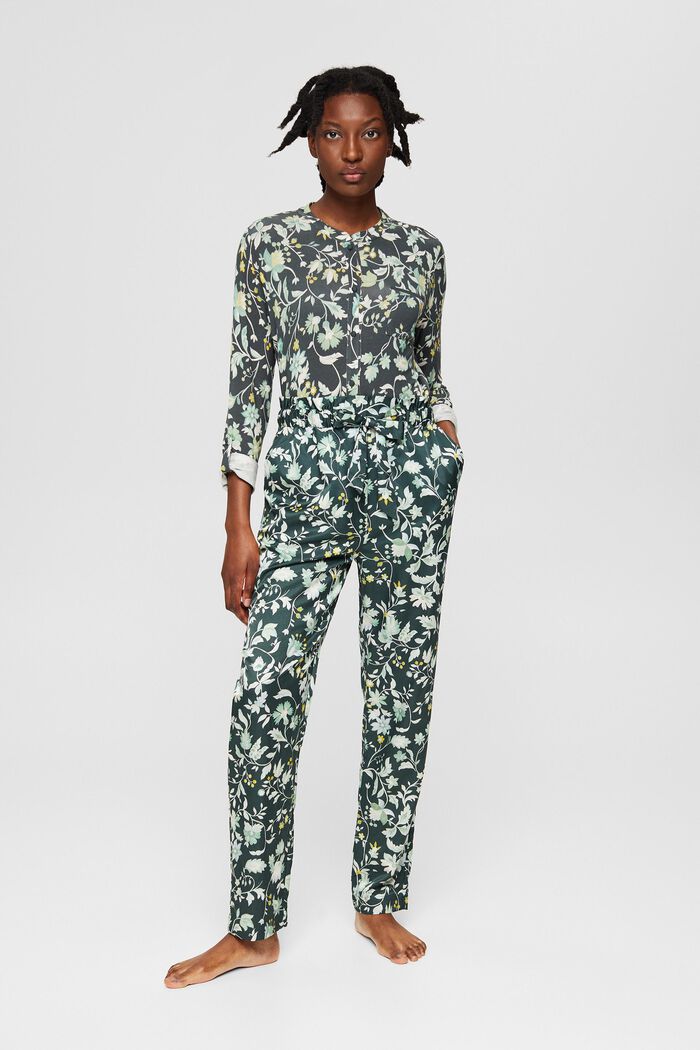 S hedvábím: pyžamové kalhoty s pasem ve stylu paperbag, DARK TEAL GREEN, detail image number 1