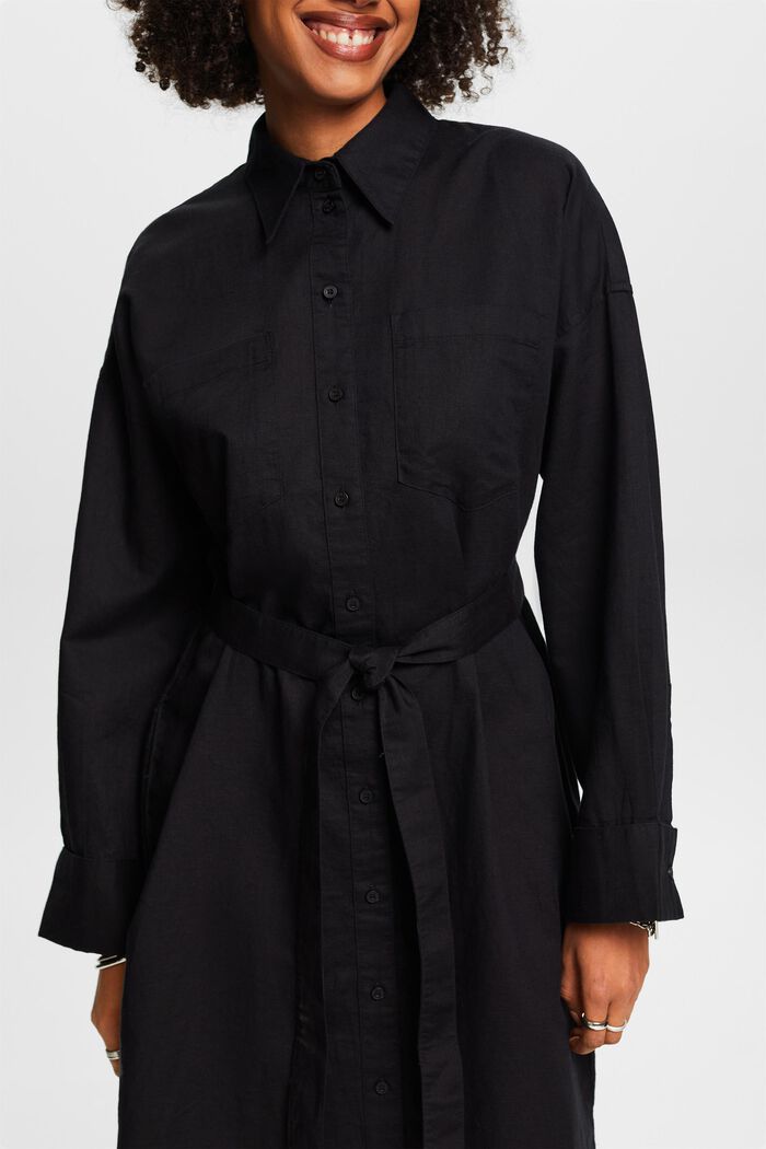 Košilové šaty s opaskem, ze směsi lnu a bavlny, BLACK, detail image number 3