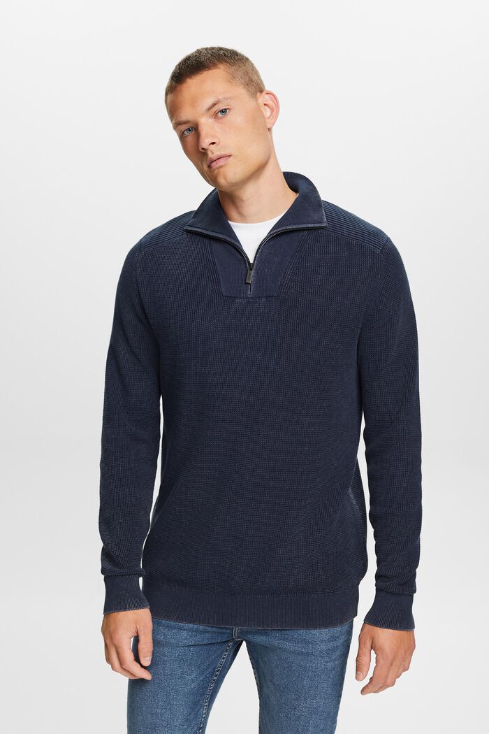 Pruhovaný svetr s polovičním zipem, 100% bavlna, NAVY, detail image number 0
