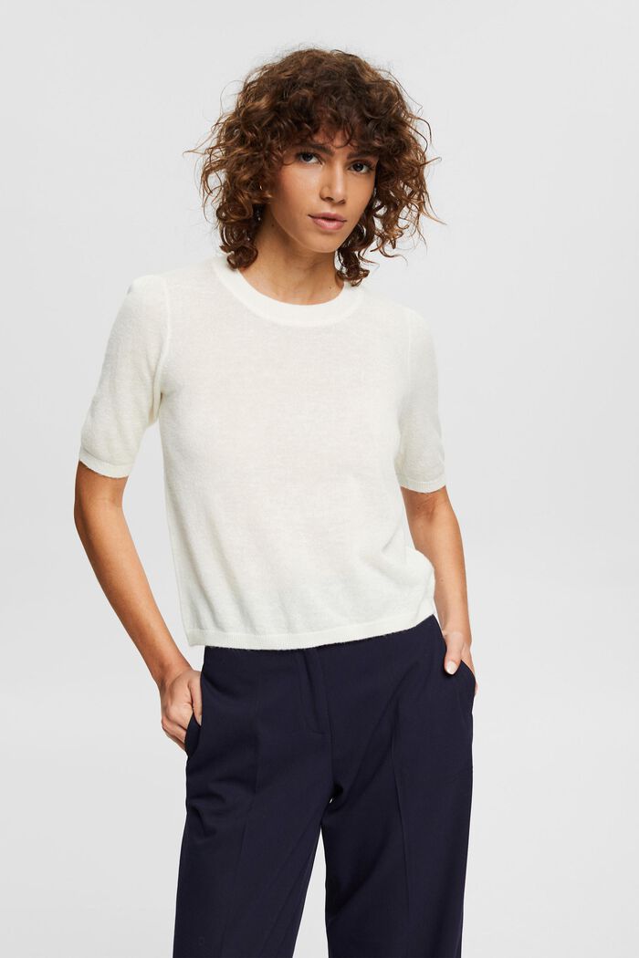 S vlnou/alpakou: pulovr s krátkými rukávy, OFF WHITE, detail image number 0