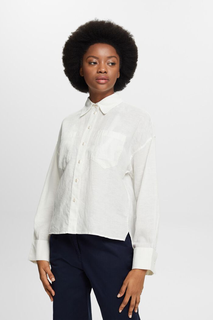 Košilová halenka ze směsi bavlny a lnu, OFF WHITE, detail image number 0