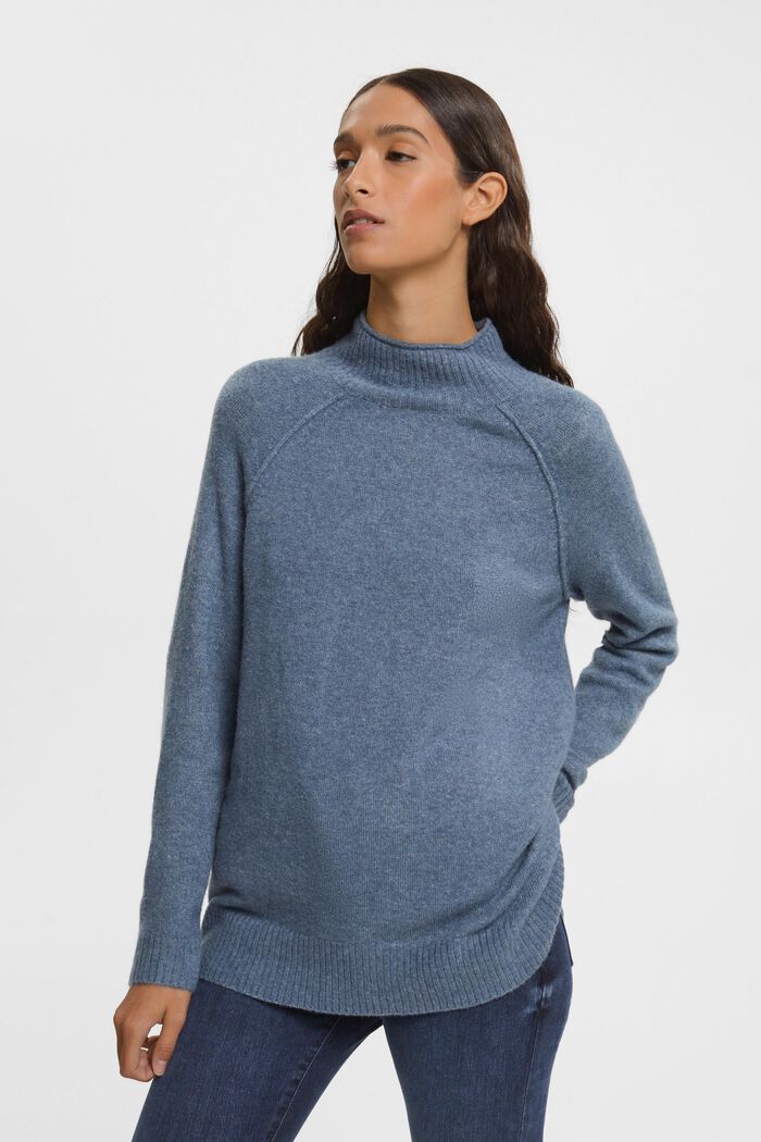 Pletený pulovr, směs s vlnou, krátký rolákový límec, GREY BLUE, detail image number 0