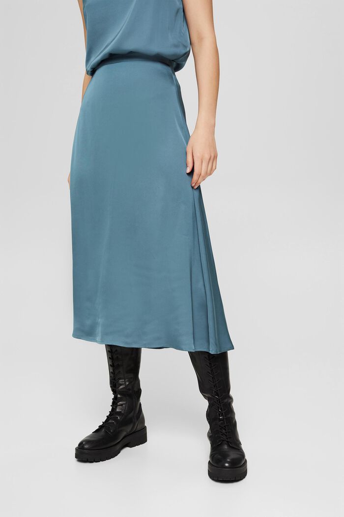 Midi sukně se vzhledem saténu, LENZING™ ECOVERO™, PETROL BLUE, detail image number 0