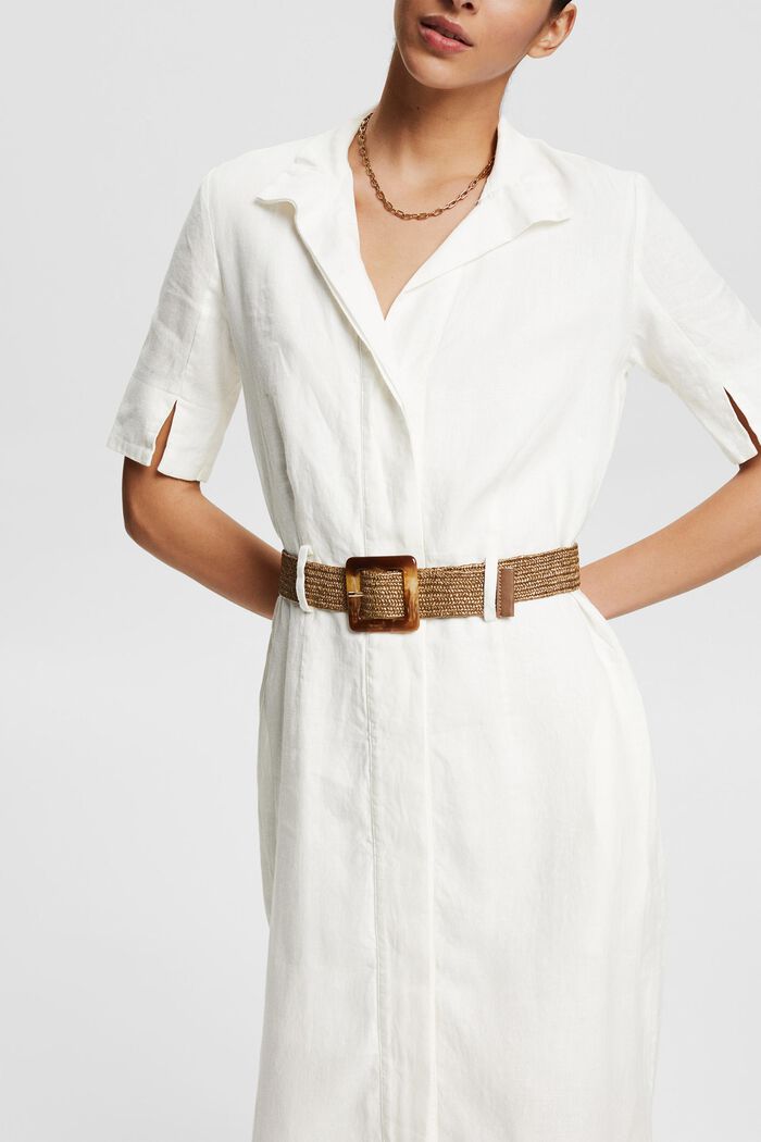 Košilové šaty s páskem ze 100% lnu, WHITE, detail image number 3
