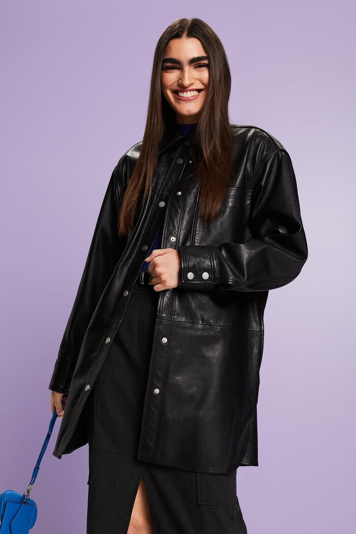 Oversize košilová kožená bunda, BLACK, detail image number 1