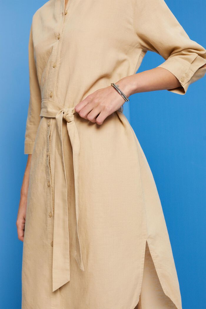 Košilové šaty s opaskem, ze směsi lnu s bavlnou, SAND, detail image number 2