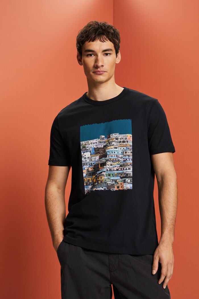 Potištěné žerzejové tričko, 100% bavlna, BLACK, detail image number 0