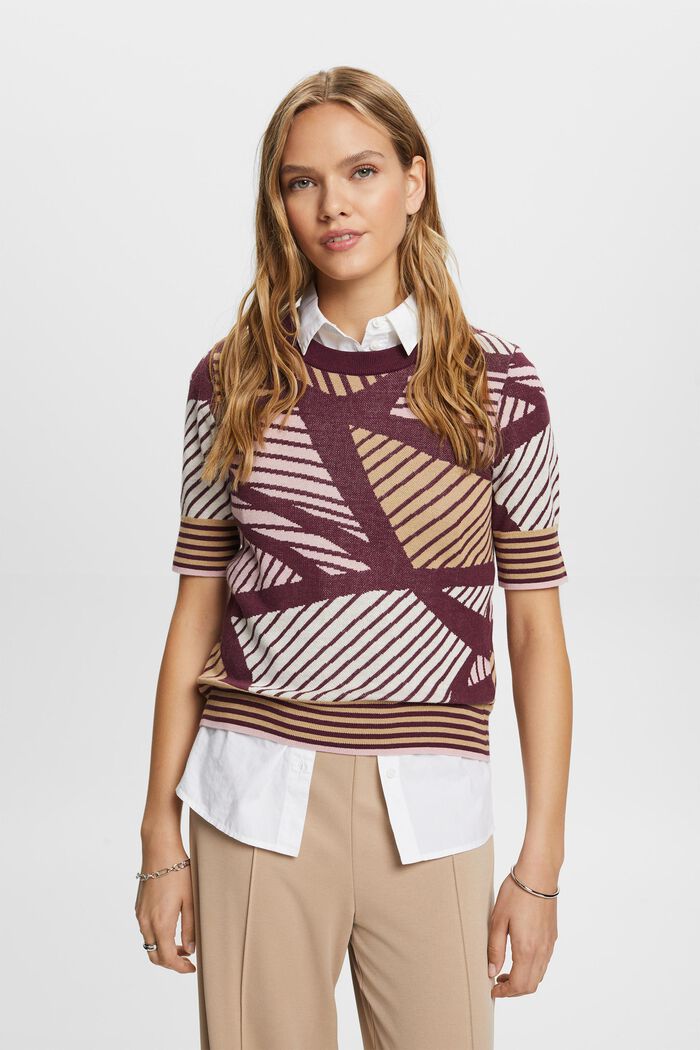 Žakárový pulovr s krátkým rukávem, bio bavlna, AUBERGINE, detail image number 0