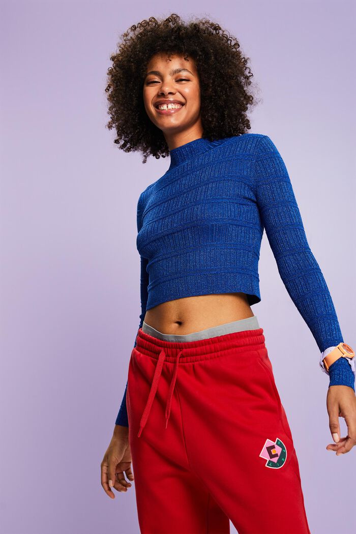 Zkrácený pulovr s přízí lamé a nízkým rolákem, BRIGHT BLUE, detail image number 4