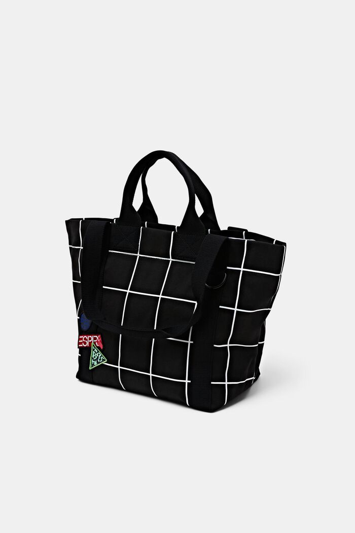 Bavlněná plátěná taška tote s mřížkovaným potiskem, BLACK, detail image number 2