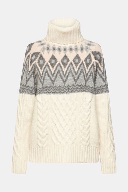 Žakárový pulovr s rolákem, z pleteniny s vlnou