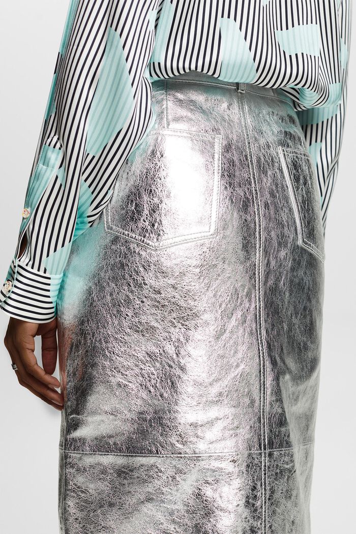 Metalická kožená sukně s povrchovou úpravou, SILVER, detail image number 3