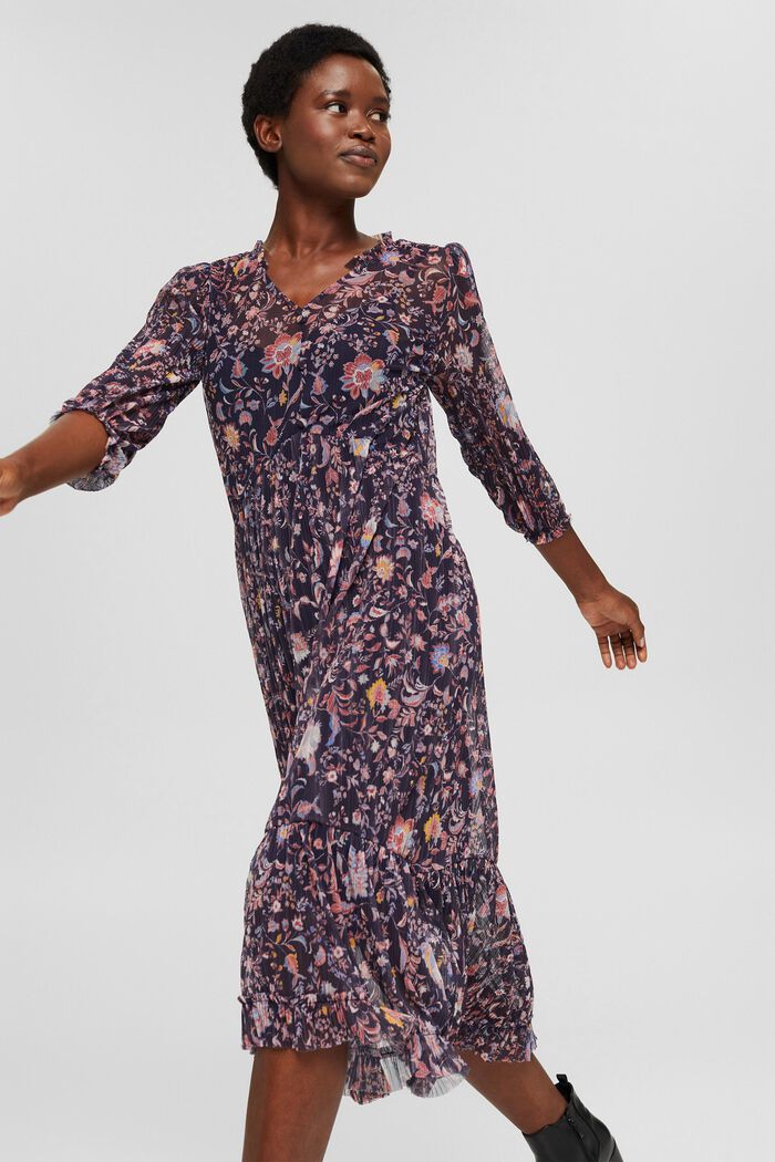Plisované síťované šaty s květovaným potiskem, NAVY, overview