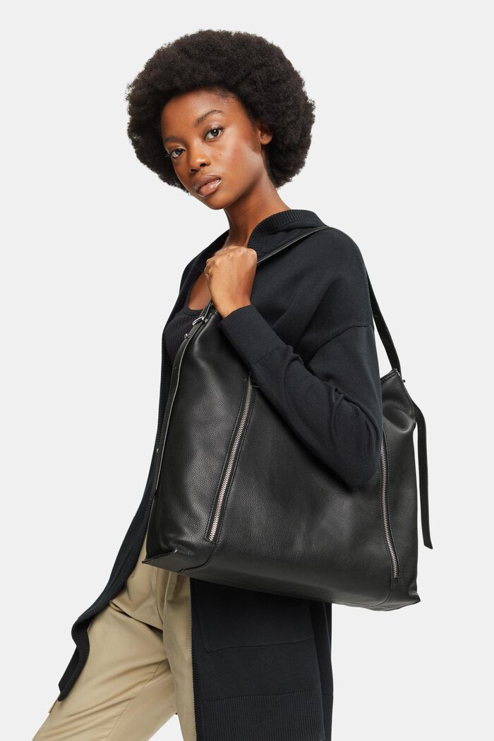 Kožená kabelka s přihrádkami na zip, BLACK, detail image number 1