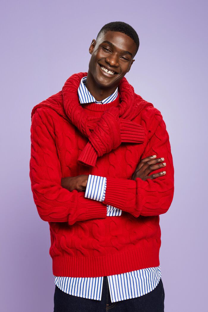 Vlněný pulovr z copánkové pleteniny, DARK RED, detail image number 2