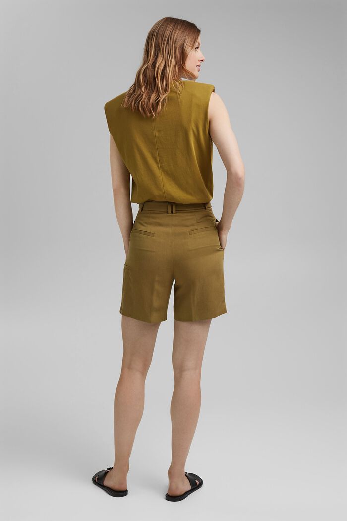 Se lnem: šortky s vysokým pasem a opaskem, OLIVE, detail image number 3