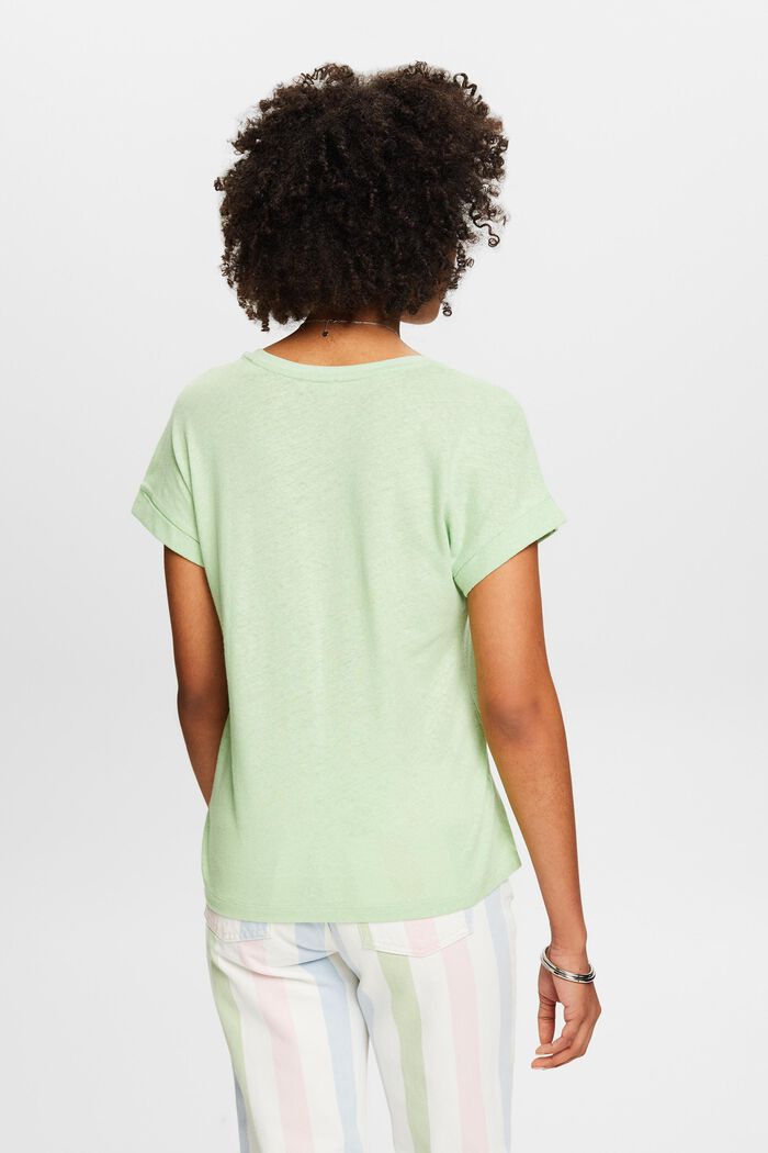Tričko z bavlny a lnu se špičatým výstřihem, LIGHT GREEN, detail image number 3