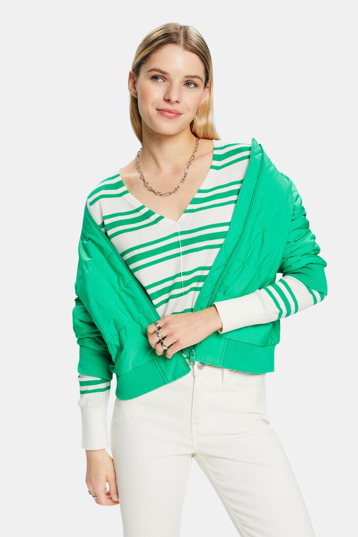 Proužkovaný pulovr se špičatým výstřihem, bavlna, GREEN, detail image number 4