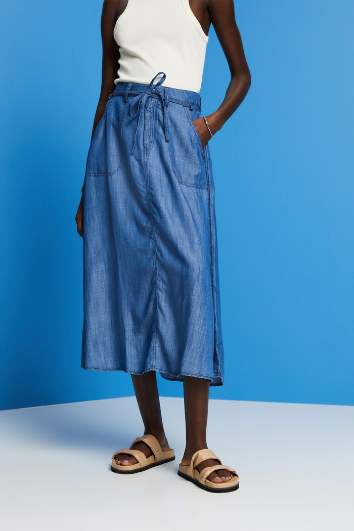 Z materiálu TENCEL™: midi sukně z imitace džínoviny, BLUE MEDIUM WASHED, detail image number 0