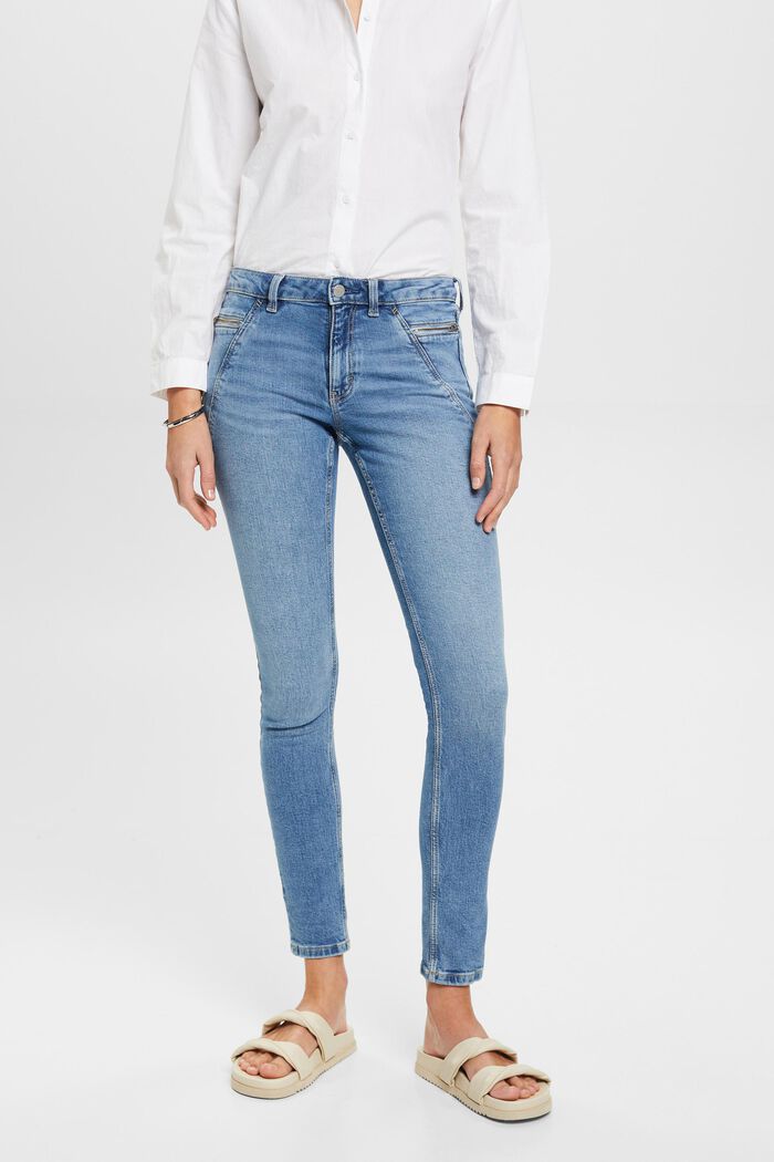 Úzké skinny džíny se středně vysokým pasem a kapsami na zip, BLUE LIGHT WASHED, detail image number 0