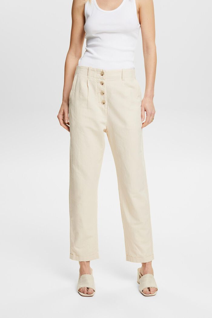 Kalhoty na knoflíky, směs lnu a bavlny, CREAM BEIGE, detail image number 0