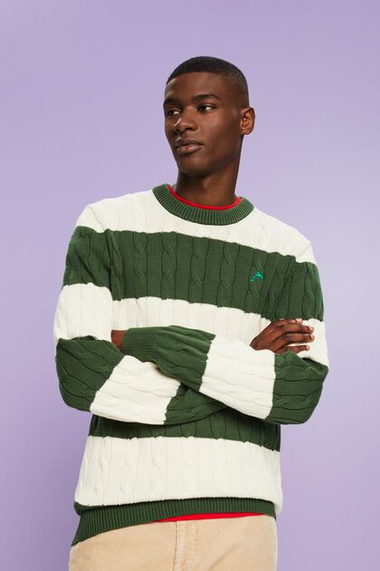 Pruhovaný pulovr z copánkové pleteniny