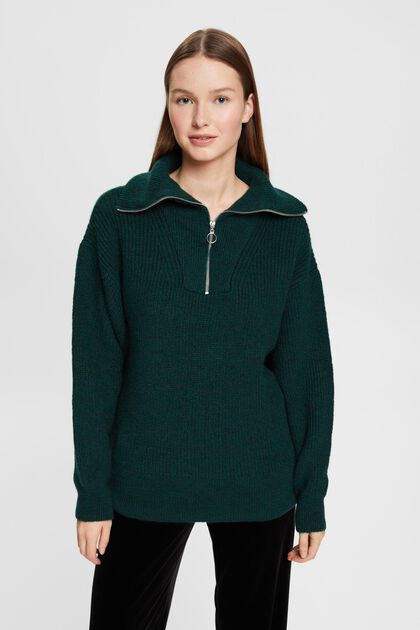 Pletený svetr s polovičním zipem a vlnou, TEAL GREEN, overview