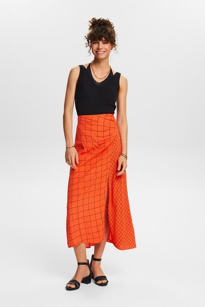 Nabíraná midi sukně s natištěným vzorem mřížky