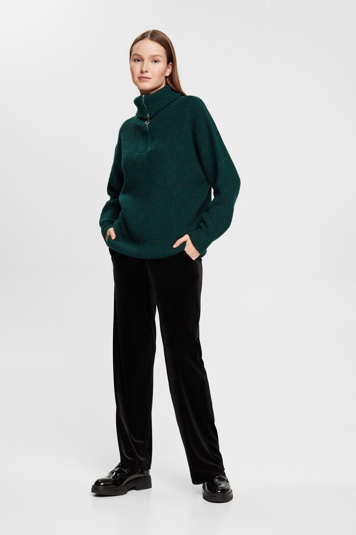 Pletený svetr s polovičním zipem a vlnou, TEAL GREEN, detail image number 4