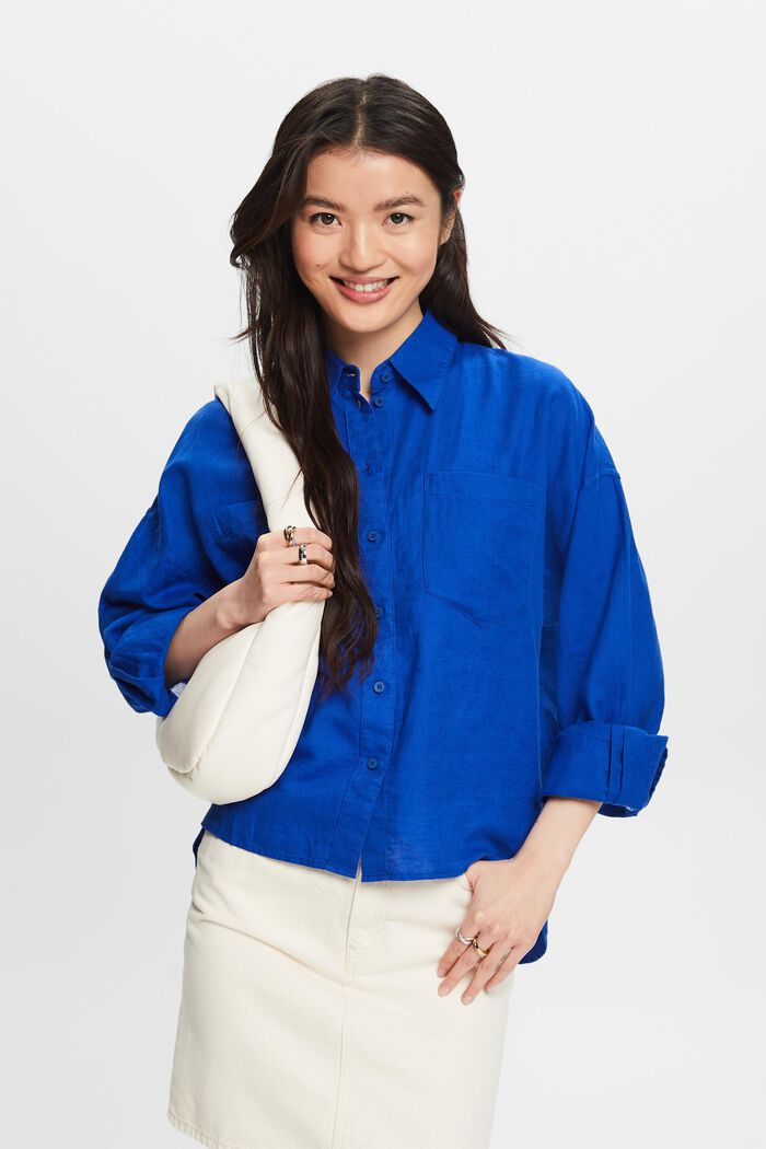 Košilová halenka ze směsi bavlny a lnu, BRIGHT BLUE, detail image number 0